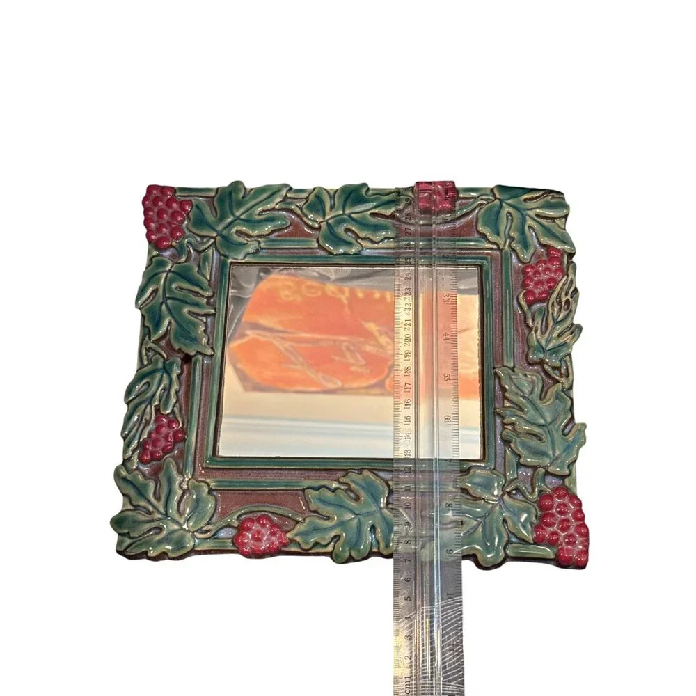Tile Grape & Leaf Ceramic Framed Mirror Signed READ